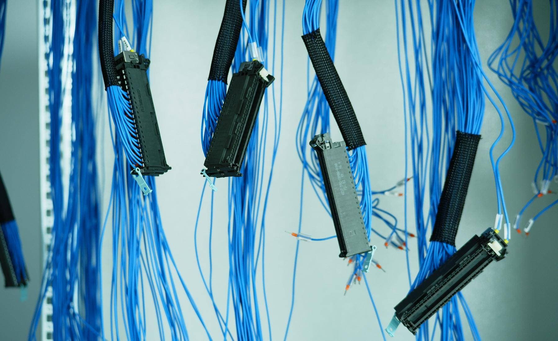 Blue patch leads dressed neatly into a rack-mounted network switch