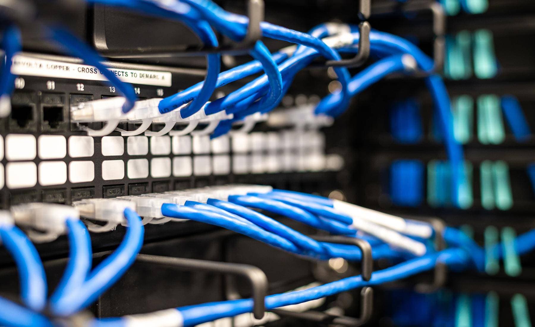 Network cabling dressed into a wall-mounted patch panel